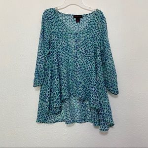 Blue and teal see-through shirt.